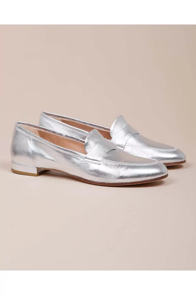 Jacques Loup Silver moccasins with decorative tab and double