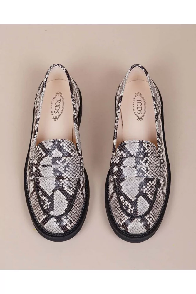 Fondo Gomma of Tod s Black and white python moccasins with eco friendly microfibers sole for women