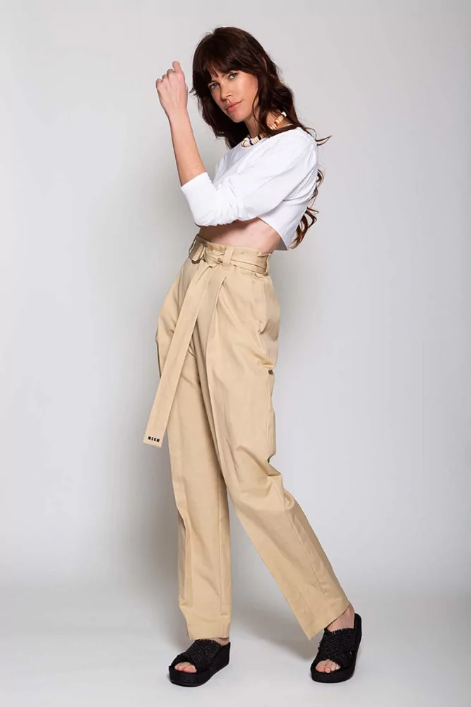 MSGM Pantalon large beige en lin et coton taille haute avec ceinture pour femme