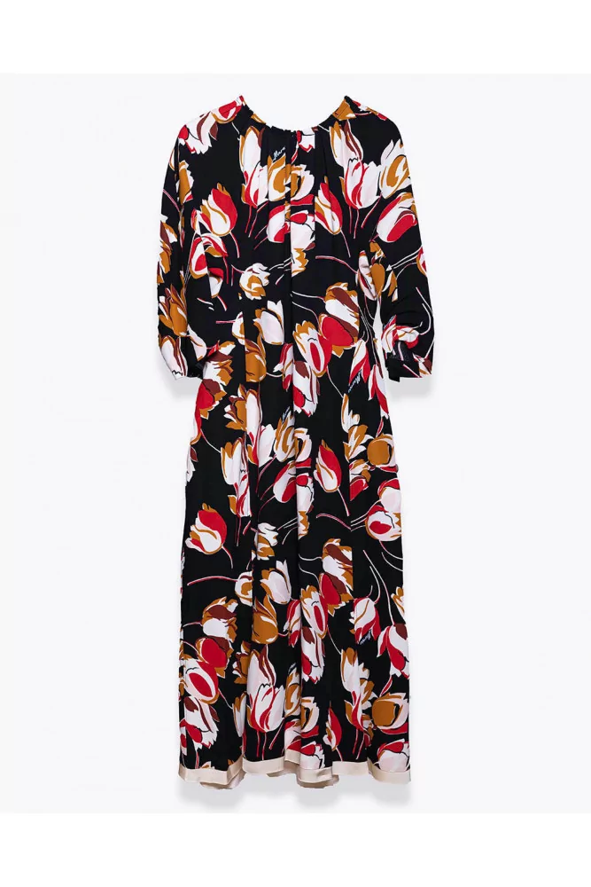 Marni - Black midi dress with multicolored tulips print and round neckline  for women