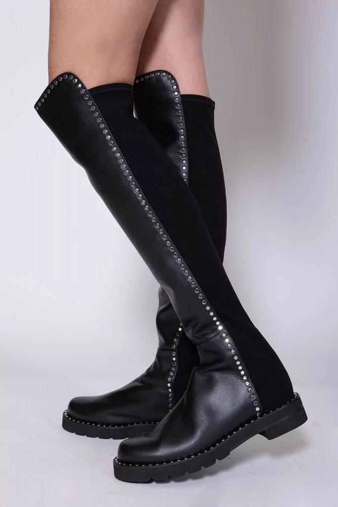 Romanschrijver behalve voor sigaret 5050 of Stuart Weitzman - Black leather over the knee boots with chrome  flat nails for women