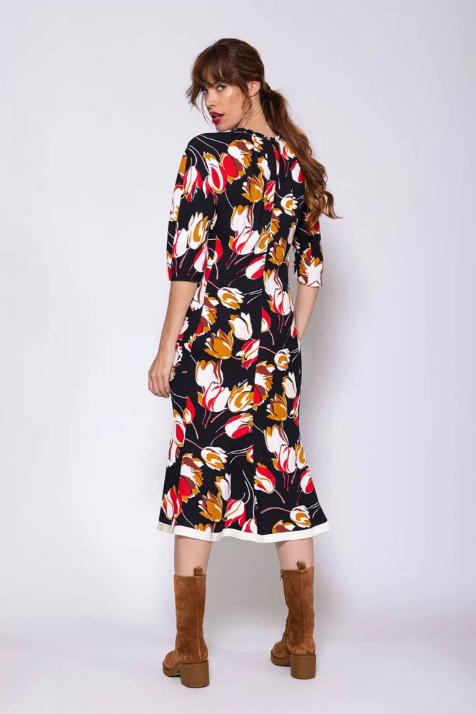 Marni - Black midi dress with multicolored tulips print and round neckline  for women