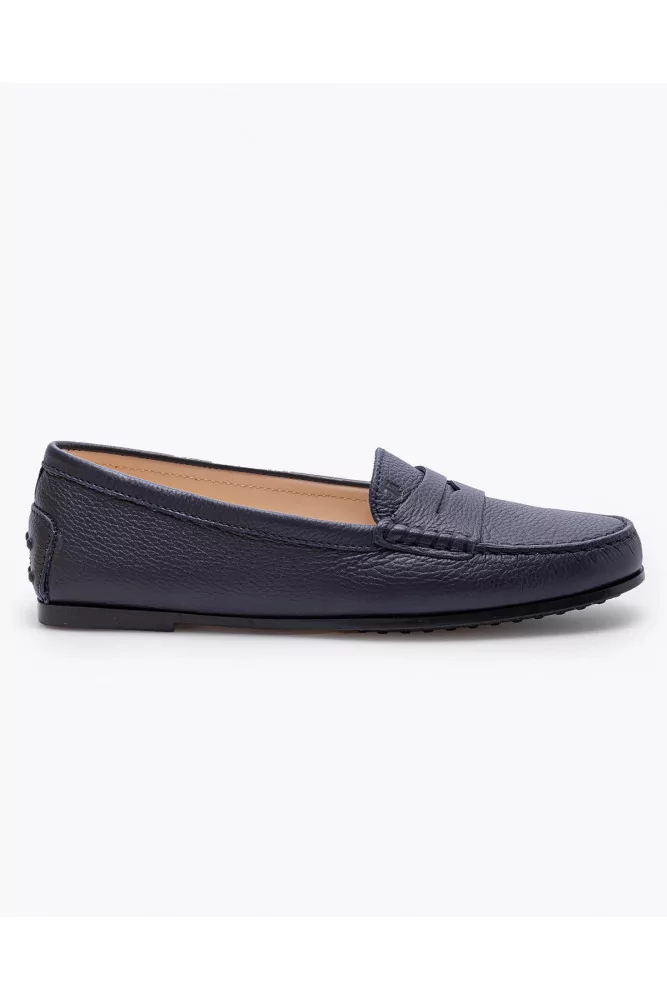 navy blue leather moccasins