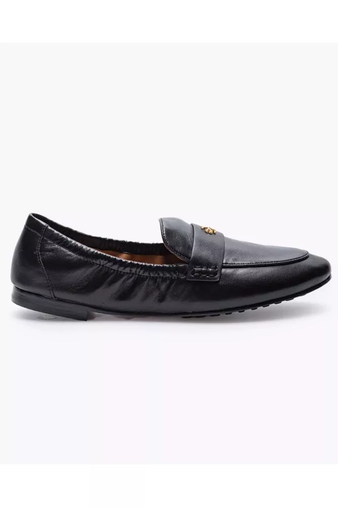 Ballet Loafer of Tory Burch - Black leather moccasins with penny strap  decorated with logo for women