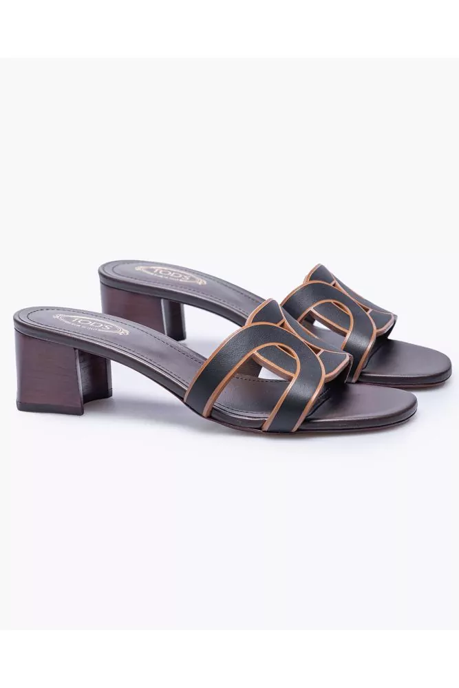 Tod s Mules noires en cuir avec bande de maillons d coup s et