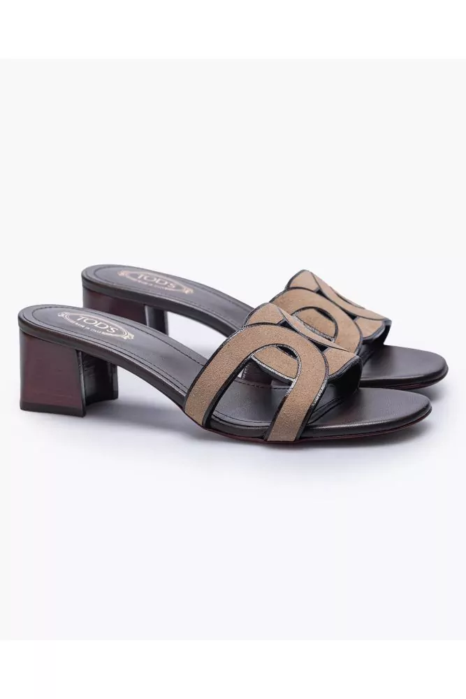 Tod s Beige leather mules with cut links strap and brown colored