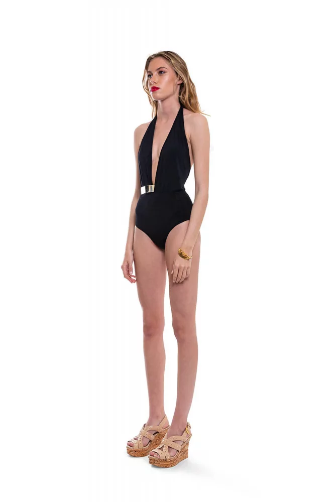 Moeva Black swimsuit with metal belt and large V neckline for women