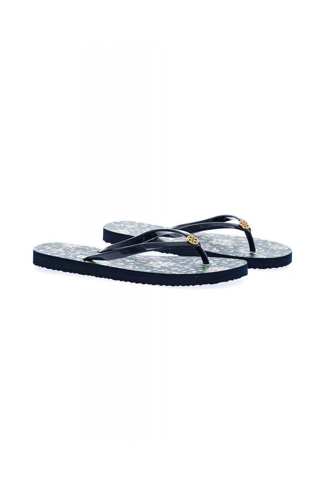 Tory Burch Latex flip flops with golden metallic logo navy blue for women